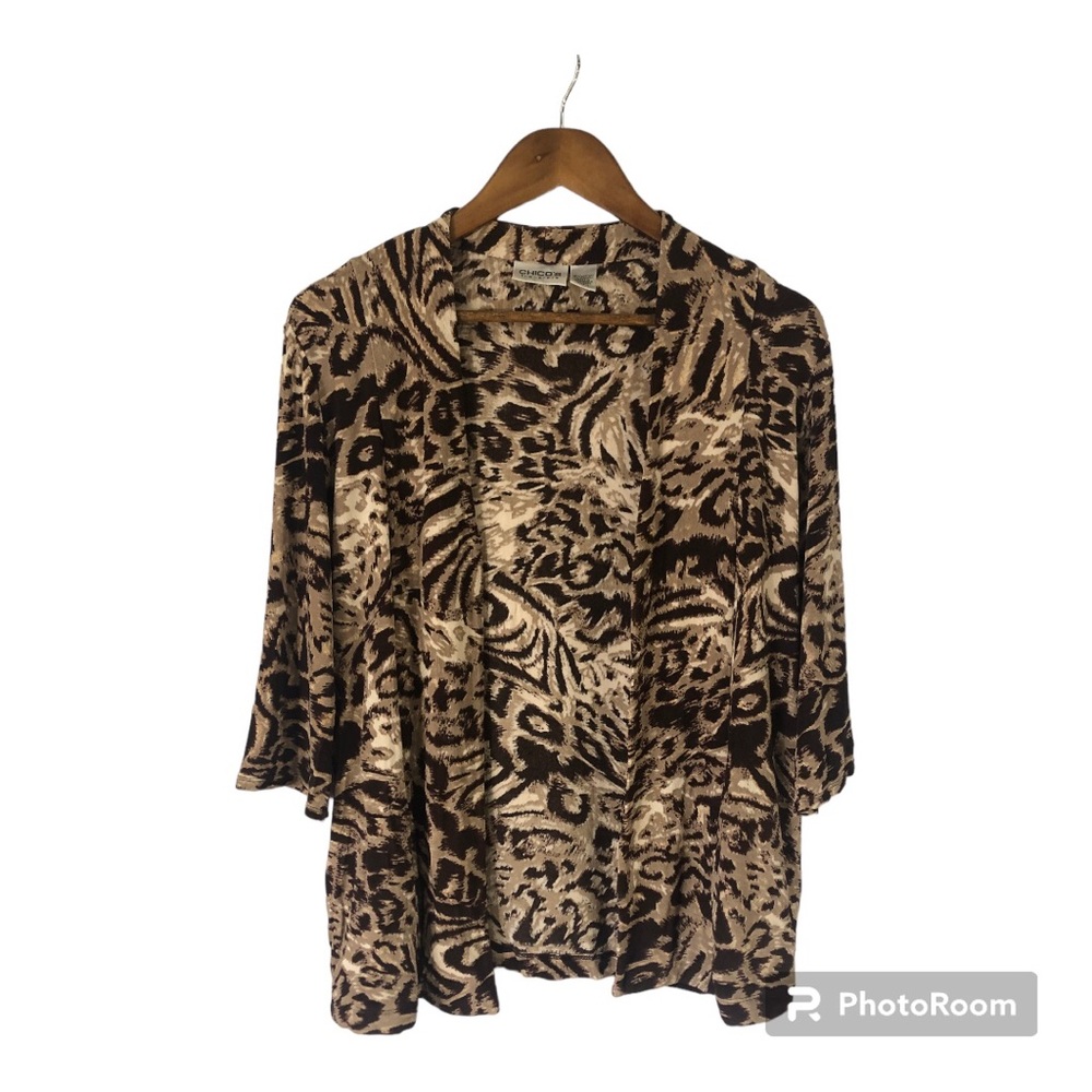 Chico’s Travelers Leopard Animal Print Open Front with Pockets Cardigan Size M/8